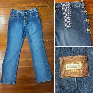 Vintage Lawman Western Denim Button & Stitch Rodeo Star Accented Jeans Sz 32